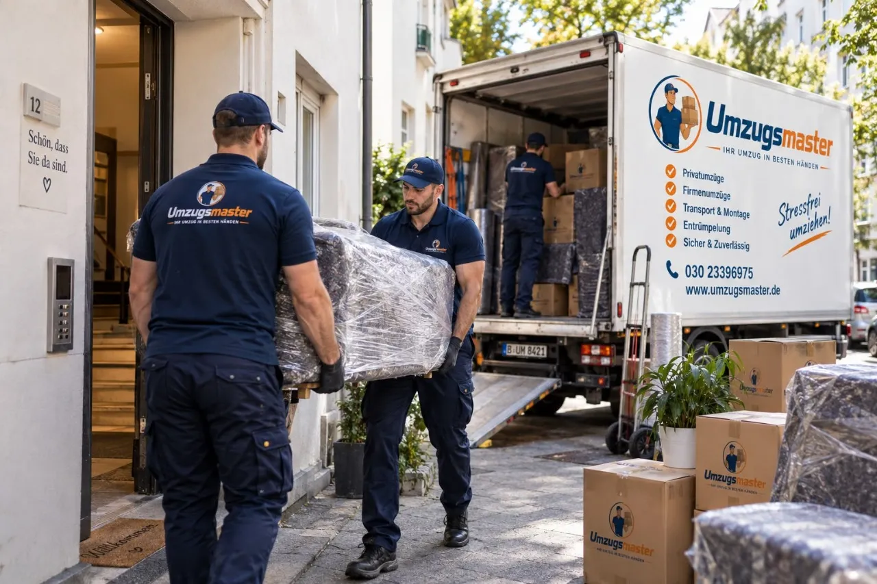Umzugsteam von Umzugsmaster vor einem Transporter in Berlin