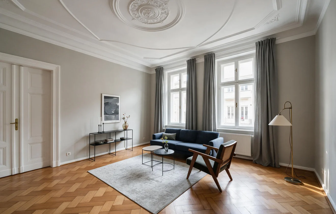 Renovierter Altbau-Wohnraum mit Stuckdecke und Fischgrätparkett