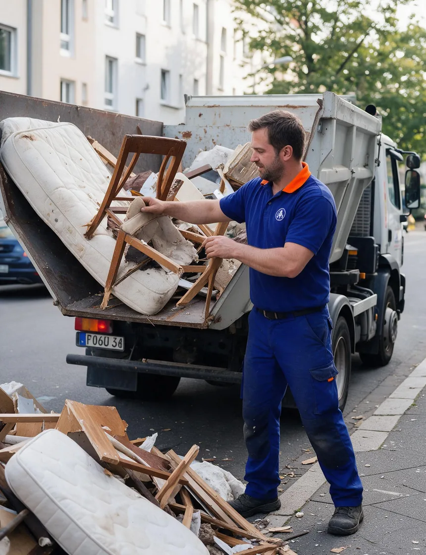 Getrennt gestapelter Sperrmüll wird in einen Transporter verladen