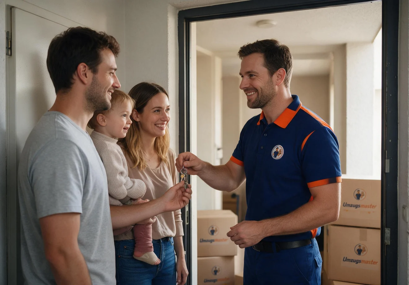 Familie übernimmt die Schlüssel ihrer neuen Wohnung vom Umzugsteam