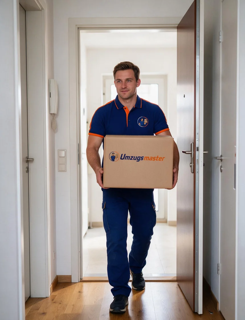 Umzugshelfer trägt einen beschrifteten Karton aus einer Wohnungstür
