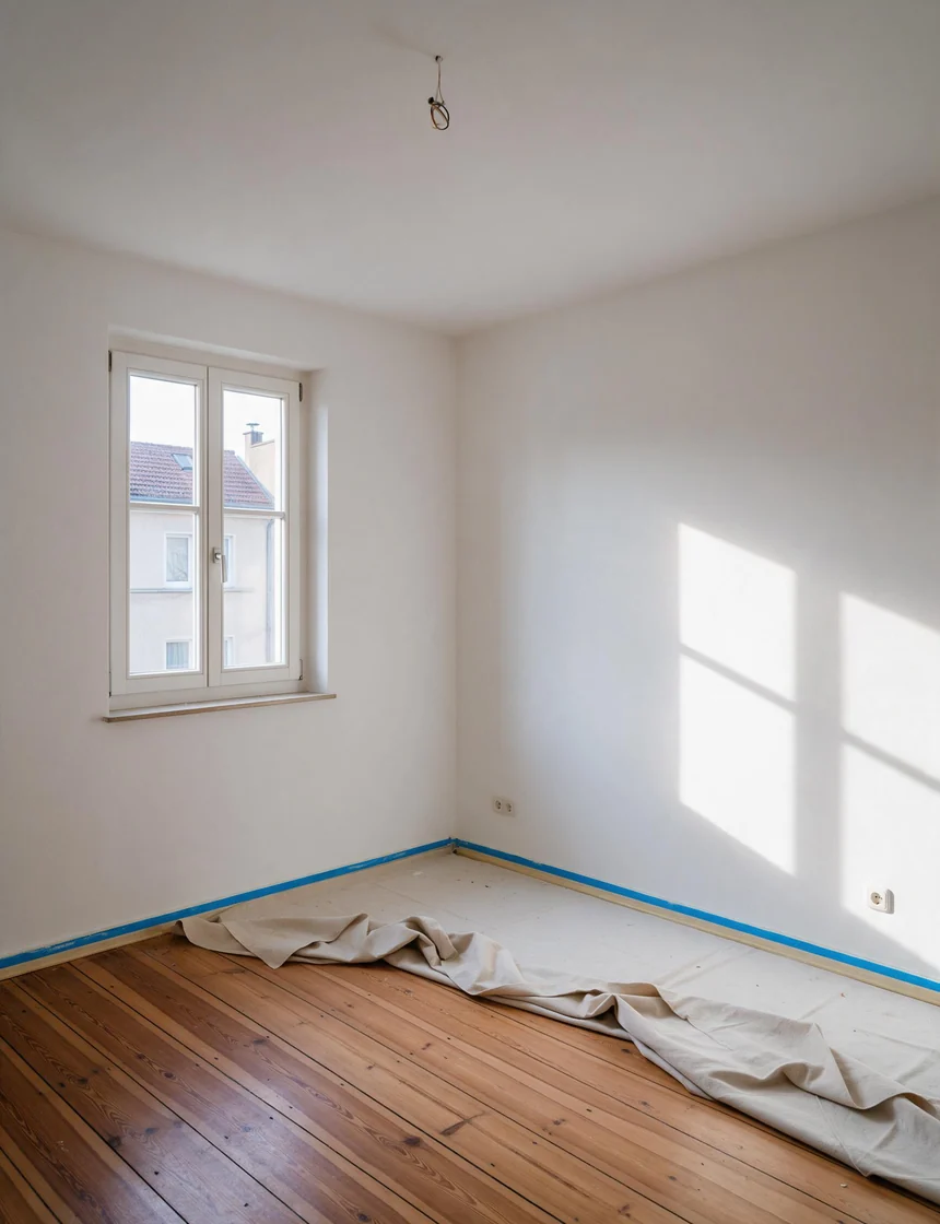 Frisch renovierter Altbauraum mit abgeklebten Fußleisten