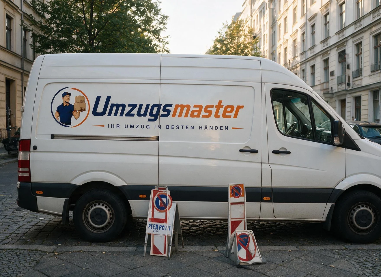 Umzugswagen in einer engen Berliner Altbaustraße mit Halteverbotsschildern