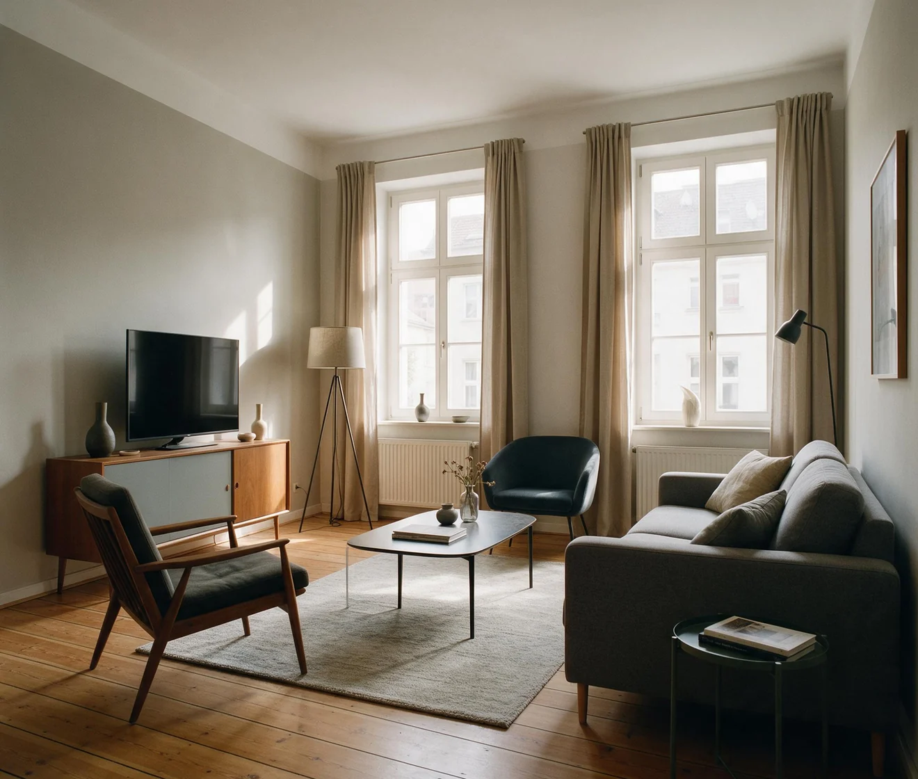 Fertig eingerichtetes Wohnzimmer nach Umzug und Renovierung